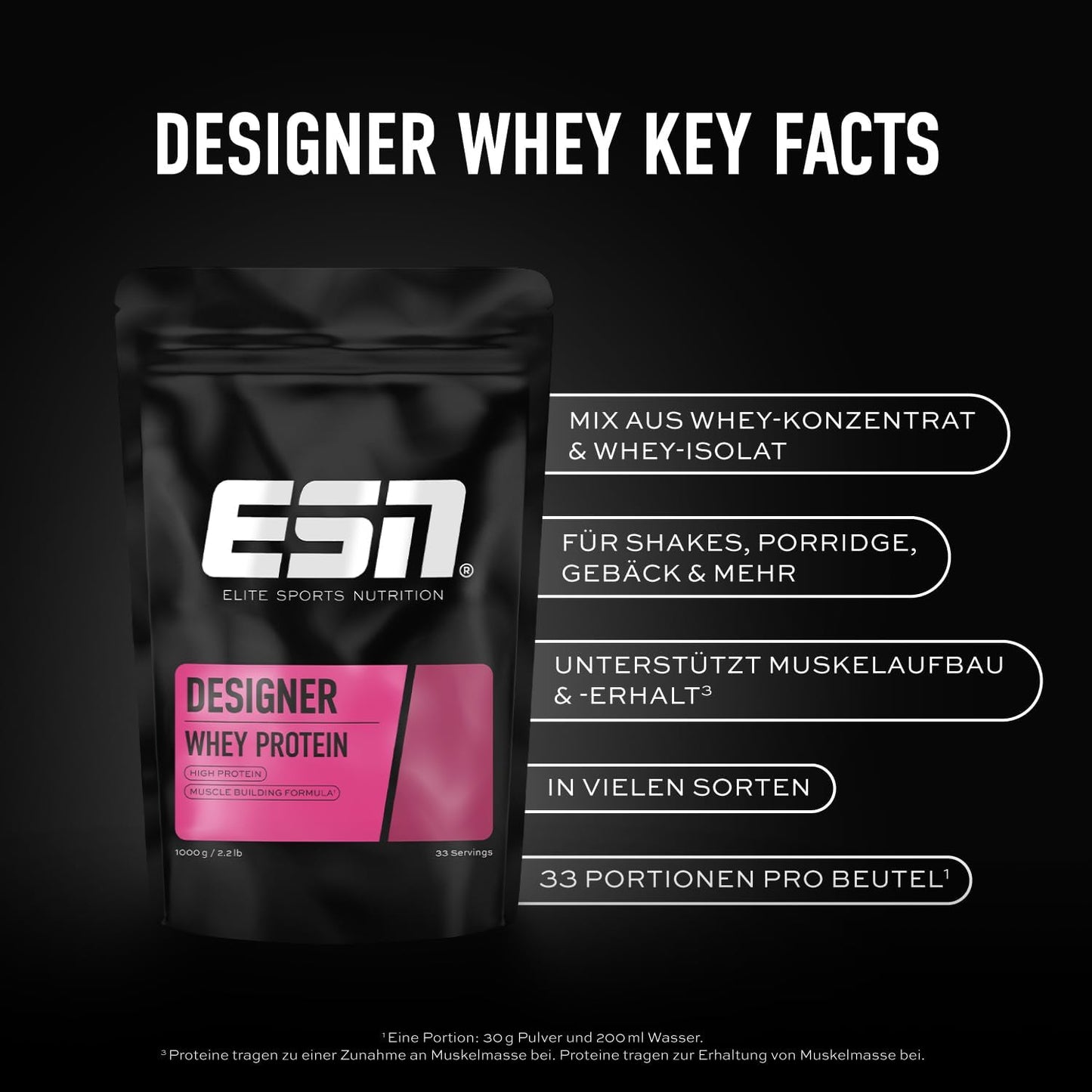 ESN Designer Whey Protein Pulver, Vanilla, 1 Kg, Bis Zu 23 G Protein Pro Portion, Ideal Zum Muskelaufbau Und -Erhalt - Made in Germany