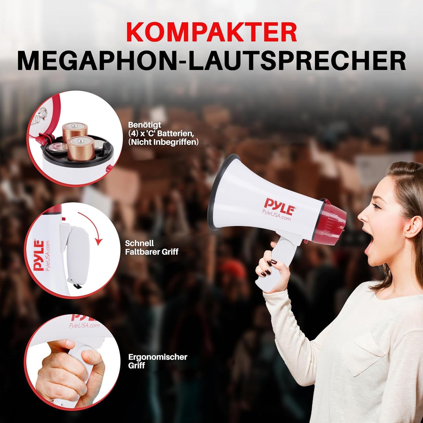 Pyle Megaphon Mit Sirene, Signalhorn – Siren Megaphone – Mini Megafon Kinder & Erwachsene 20W, Faltbare Megaphone Mit Sirene & Mikrofon, Lautstärke Einstellbar & Batteriebetrieben Reichweite: 550M