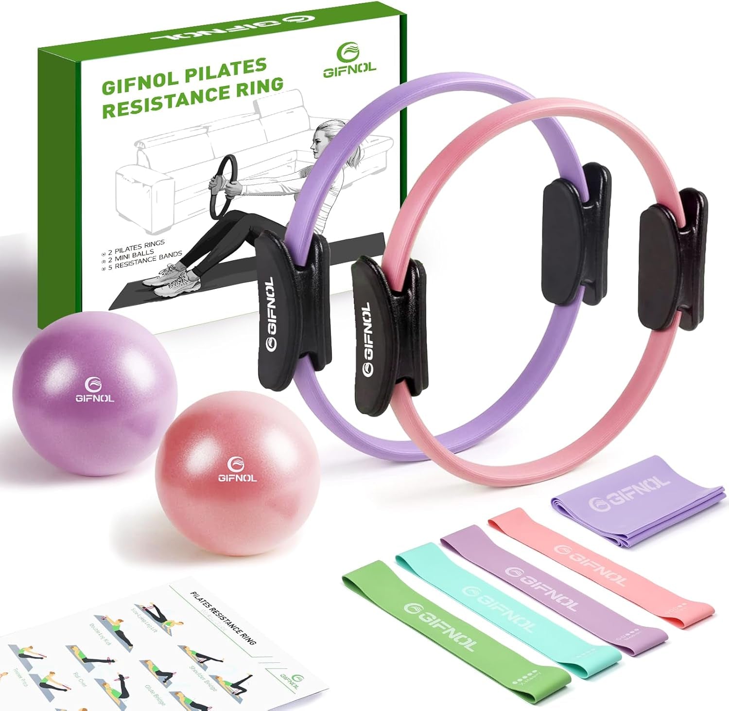 Pilates-Ring Und Ball-Set Mit Widerstandsbändern, Pilates-Ausrüstung Für Heimtraining, 35,6 Cm Und 30,5 Cm, Pilates-Ringe, 2 Pilates-Bälle, 5 Widerstandsbänder Zum Straffen Von Armen